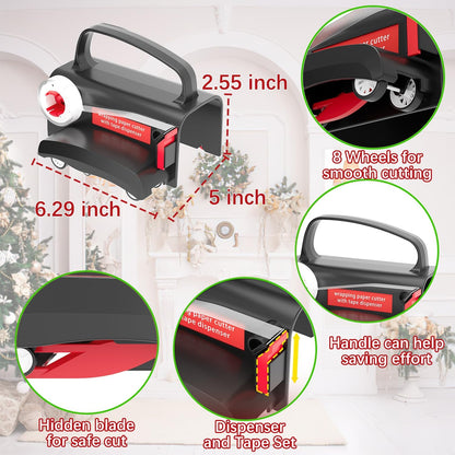 2-Pack Wrapping Paper Cutter & Tape Dispenser | Make Cutting Easily Safely and Efficient, Straight Sliding Tool for Christmas Gift, with 4 Tapes, 2 Replace Blades Kit, Black and Red