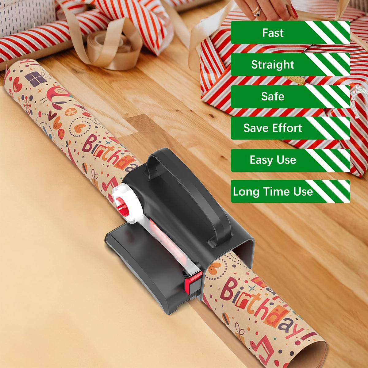 2-Pack Wrapping Paper Cutter & Tape Dispenser | Make Cutting Easily Safely and Efficient, Straight Sliding Tool for Christmas Gift, with 4 Tapes, 2 Replace Blades Kit, Black and Red