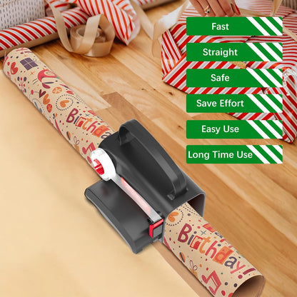 2-Pack Wrapping Paper Cutter & Tape Dispenser | Make Cutting Easily Safely and Efficient, Straight Sliding Tool for Christmas Gift, with 4 Tapes, 2 Replace Blades Kit, Black and Red