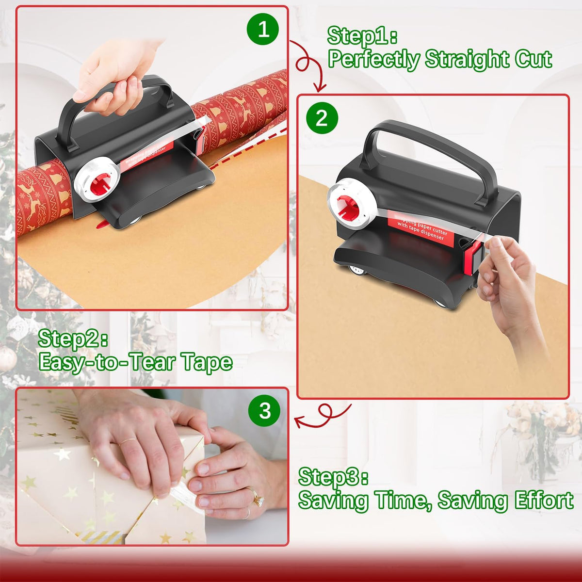 2-Pack Wrapping Paper Cutter & Tape Dispenser | Make Cutting Easily Safely and Efficient, Straight Sliding Tool for Christmas Gift, with 4 Tapes, 2 Replace Blades Kit, Black and Red