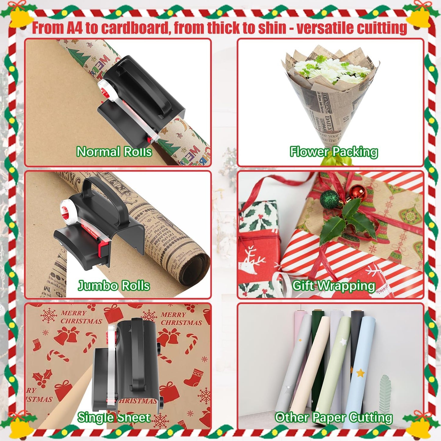 2-Pack Wrapping Paper Cutter & Tape Dispenser | Make Cutting Easily Safely and Efficient, Straight Sliding Tool for Christmas Gift, with 4 Tapes, 2 Replace Blades Kit, Black and Red