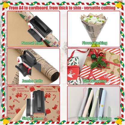 2-Pack Wrapping Paper Cutter & Tape Dispenser | Make Cutting Easily Safely and Efficient, Straight Sliding Tool for Christmas Gift, with 4 Tapes, 2 Replace Blades Kit, Black and Red