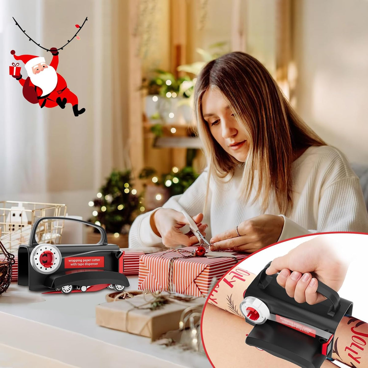 2-Pack Wrapping Paper Cutter & Tape Dispenser | Make Cutting Easily Safely and Efficient, Straight Sliding Tool for Christmas Gift, with 4 Tapes, 2 Replace Blades Kit, Black and Red