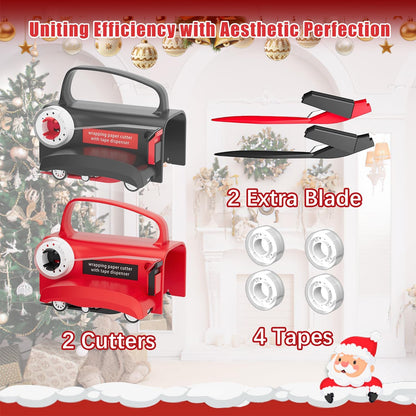 2-Pack Wrapping Paper Cutter & Tape Dispenser | Make Cutting Easily Safely and Efficient, Straight Sliding Tool for Christmas Gift, with 4 Tapes, 2 Replace Blades Kit, Black and Red