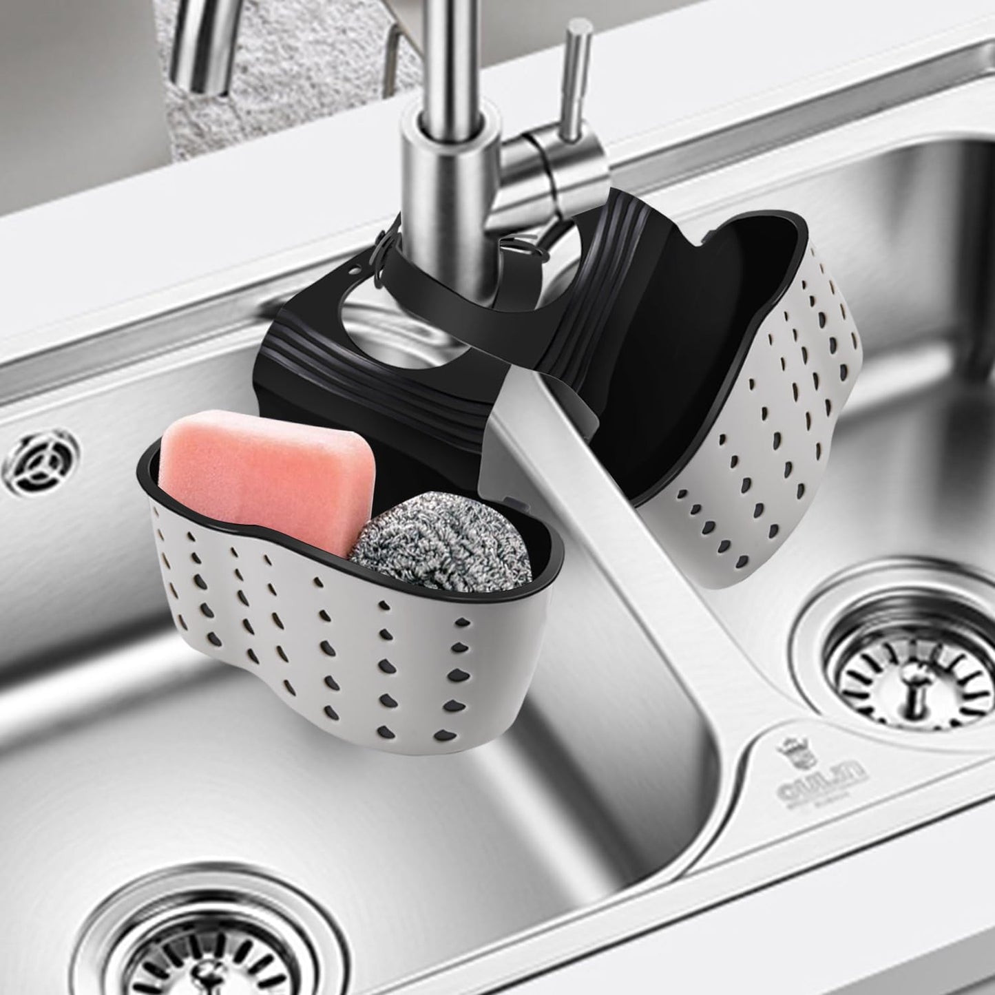 Kitchen Sink Caddy Sponge Holder for Kitchen Sink Accessories Organizer Dish Sponge Holder Ajustable Strap Faucet with Drain Holes for Drying (2 pcs Beige)