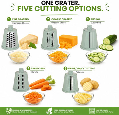 Rotary Cheese Grater Hand Crank, 5-Blade Shredder with Handle, Vegetable Slicer Mandoline Food Chopper, Strong Suction Base Kitchen Gadget for Cheese Vegetables Nuts – Green