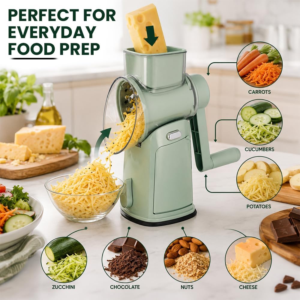 Rotary Cheese Grater Hand Crank, 5-Blade Shredder with Handle, Vegetable Slicer Mandoline Food Chopper, Strong Suction Base Kitchen Gadget for Cheese Vegetables Nuts – Green