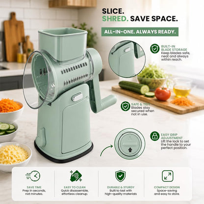 Rotary Cheese Grater Hand Crank, 5-Blade Shredder with Handle, Vegetable Slicer Mandoline Food Chopper, Strong Suction Base Kitchen Gadget for Cheese Vegetables Nuts – Green