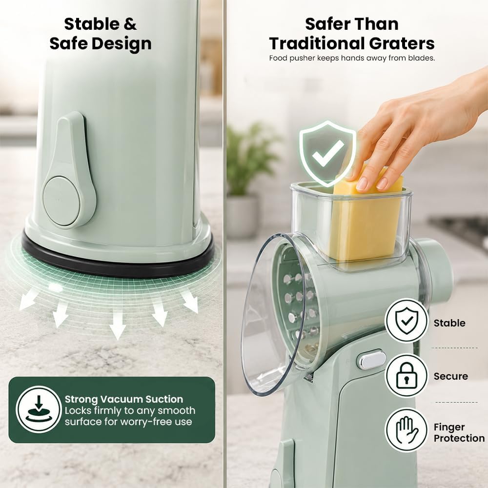 Rotary Cheese Grater Hand Crank, 5-Blade Shredder with Handle, Vegetable Slicer Mandoline Food Chopper, Strong Suction Base Kitchen Gadget for Cheese Vegetables Nuts – Green
