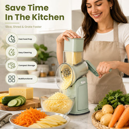 Rotary Cheese Grater Hand Crank, 5-Blade Shredder with Handle, Vegetable Slicer Mandoline Food Chopper, Strong Suction Base Kitchen Gadget for Cheese Vegetables Nuts – Green
