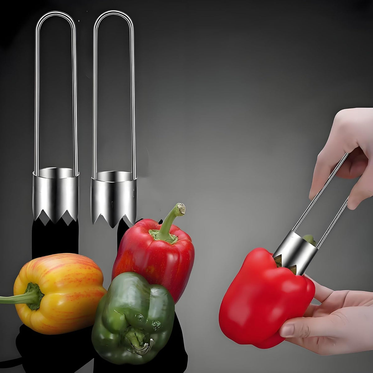 Fruit and Vegetable Corer Pepper Seed Apple Remover Bell Pepper Tomato Corer Tool Stainless Steel Kitchen Gadget onion slicer holder (Pepper Apple Corer Slicing)