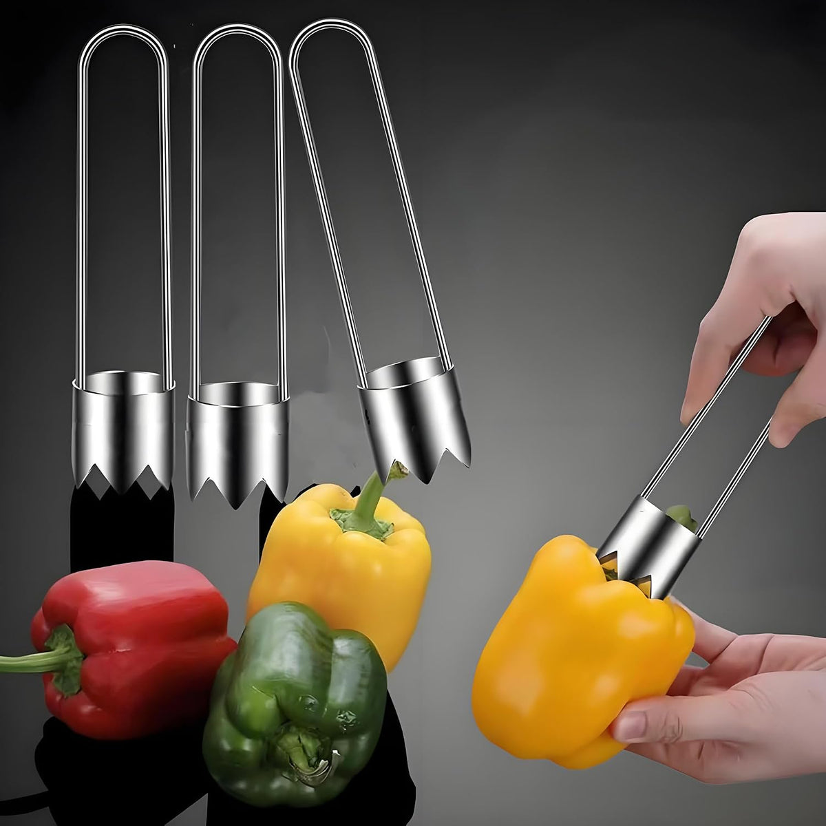 Fruit and Vegetable Corer Pepper Seed Apple Remover Bell Pepper Tomato Corer Tool Stainless Steel Kitchen Gadget onion slicer holder (Pepper Apple Corer Slicing)