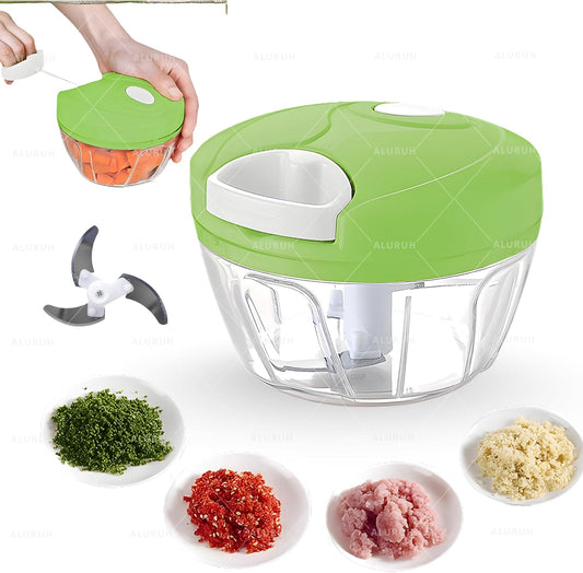 Manual Food Chopper with Hand Pull Rope Design, Stainless Steel Blade (GREEN)