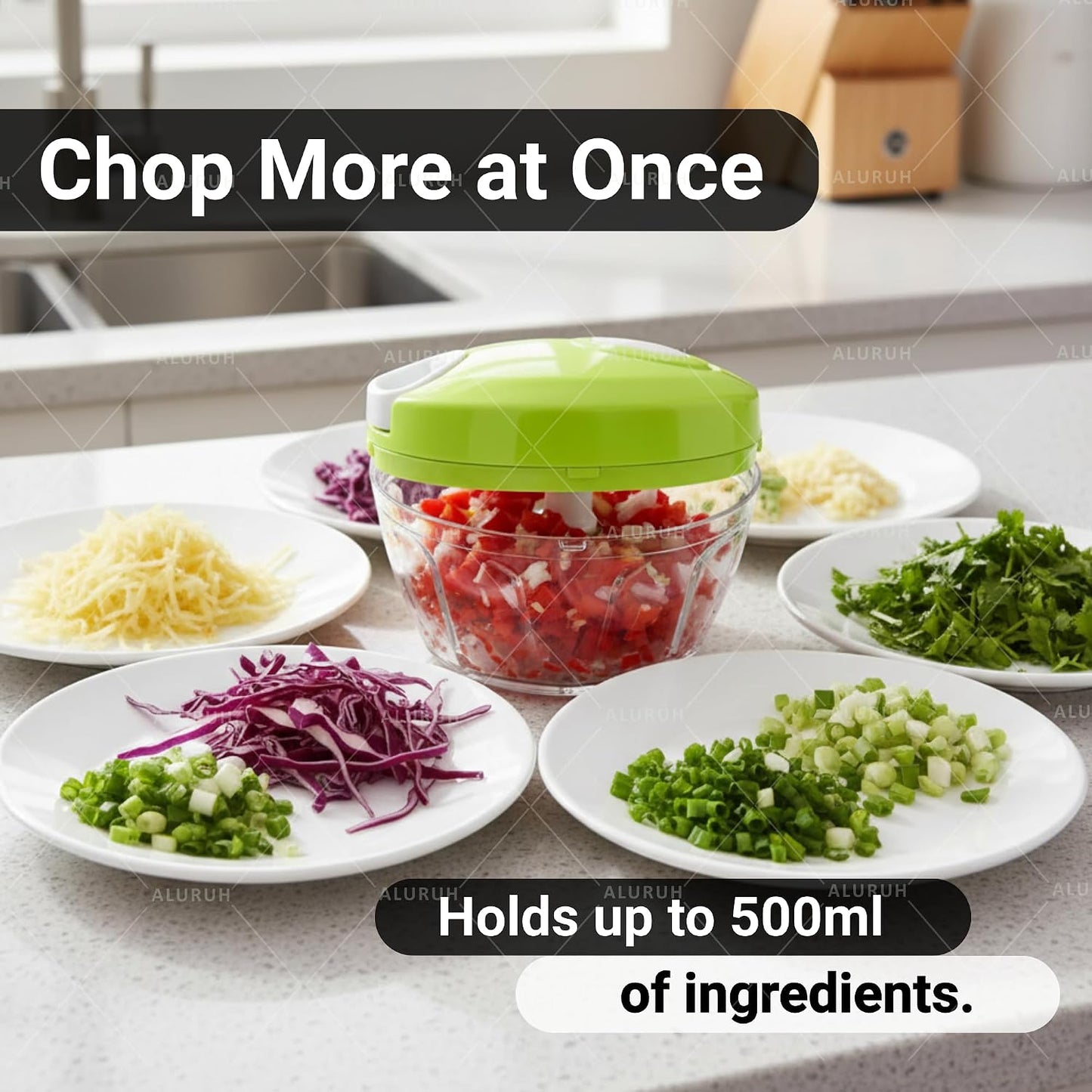 Manual Food Chopper with Hand Pull Rope Design, Stainless Steel Blade (GREEN)