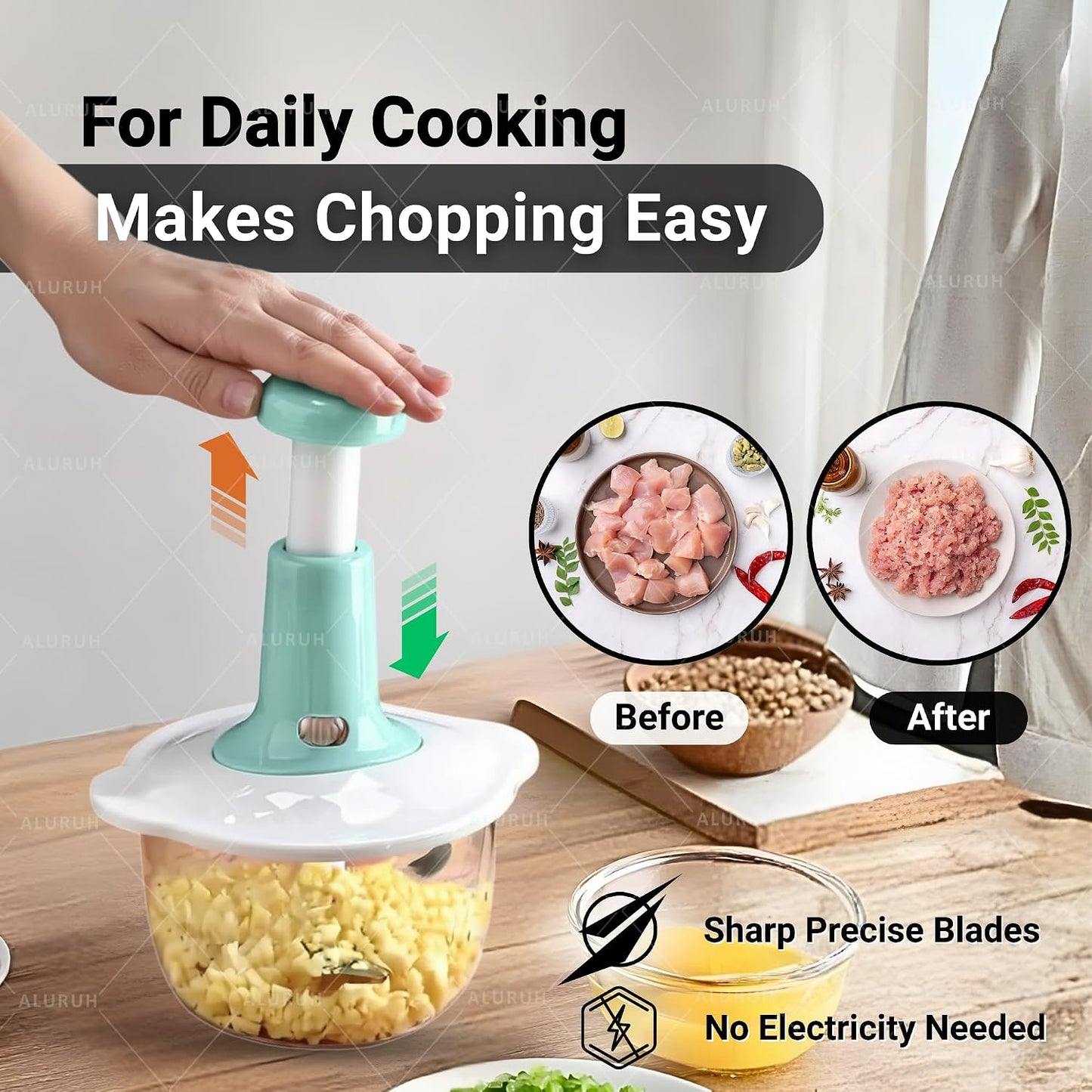 Manual Food Chopper with Hand Pull Rope Design, Stainless Steel Blade (GREEN)