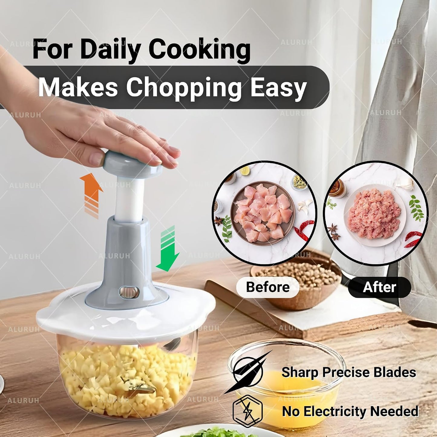 Manual Food Chopper with Hand Pull Rope Design, Stainless Steel Blade (GREEN)