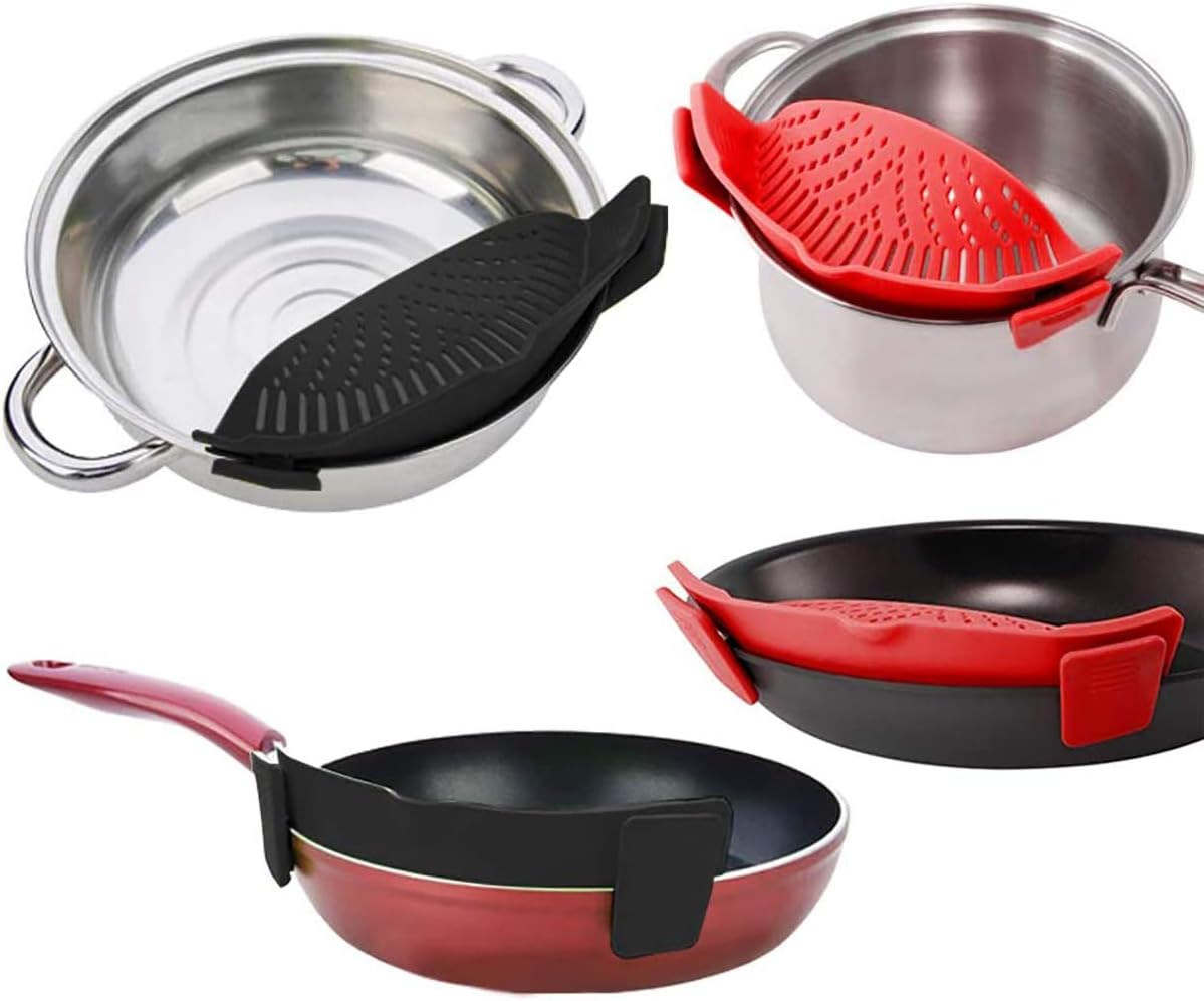 Snap Strainer Clip-on for Pots Pans, Clip on Pot Strainer | Hands-free, Heat Resistant Silicone, Pour Spout for Pasta Vegetable Noodles, Colander and Sieve, Snaps On Pots Bowls Pans