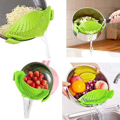 Snap Strainer Clip-on for Pots Pans, Clip on Pot Strainer | Hands-free, Heat Resistant Silicone, Pour Spout for Pasta Vegetable Noodles, Colander and Sieve, Snaps On Pots Bowls Pans