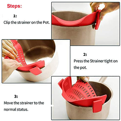 Snap Strainer Clip-on for Pots Pans, Clip on Pot Strainer | Hands-free, Heat Resistant Silicone, Pour Spout for Pasta Vegetable Noodles, Colander and Sieve, Snaps On Pots Bowls Pans
