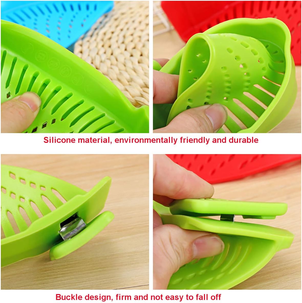 Snap Strainer Clip-on for Pots Pans, Clip on Pot Strainer | Hands-free, Heat Resistant Silicone, Pour Spout for Pasta Vegetable Noodles, Colander and Sieve, Snaps On Pots Bowls Pans