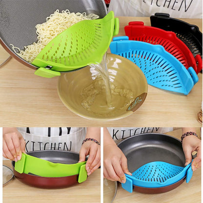 Snap Strainer Clip-on for Pots Pans, Clip on Pot Strainer | Hands-free, Heat Resistant Silicone, Pour Spout for Pasta Vegetable Noodles, Colander and Sieve, Snaps On Pots Bowls Pans