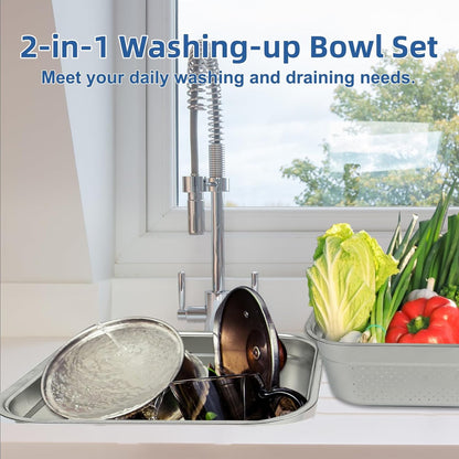 2-in-1 Stainless Steel Washing Up Bowl Set, 12.8" Sturdy Square Dish Tub with Colander, Fruit Vegetable Washing Basin for Sink, Food Grade Dishpan for Draining Rice, Pasta, Food Strainer Mixing Bowl