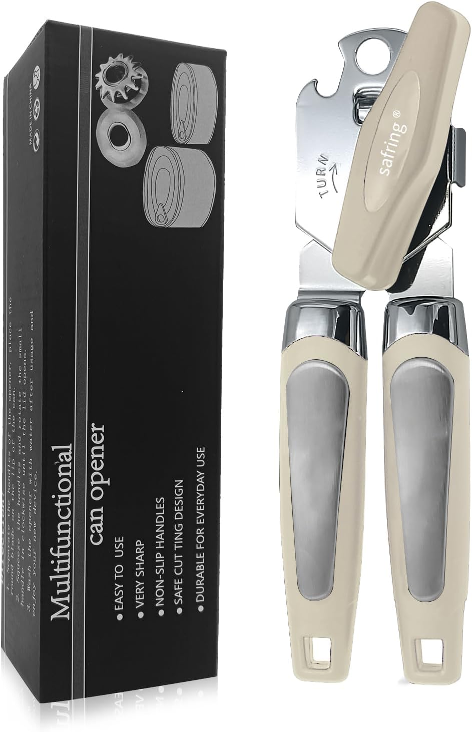 Can Opener Manual, Handheld Strong Heavy Duty Stainless Steel Can Opener, Comfortable Handle, Sharp Blade Smooth Edge, Can Openers with Multifunctional Bottle Opener