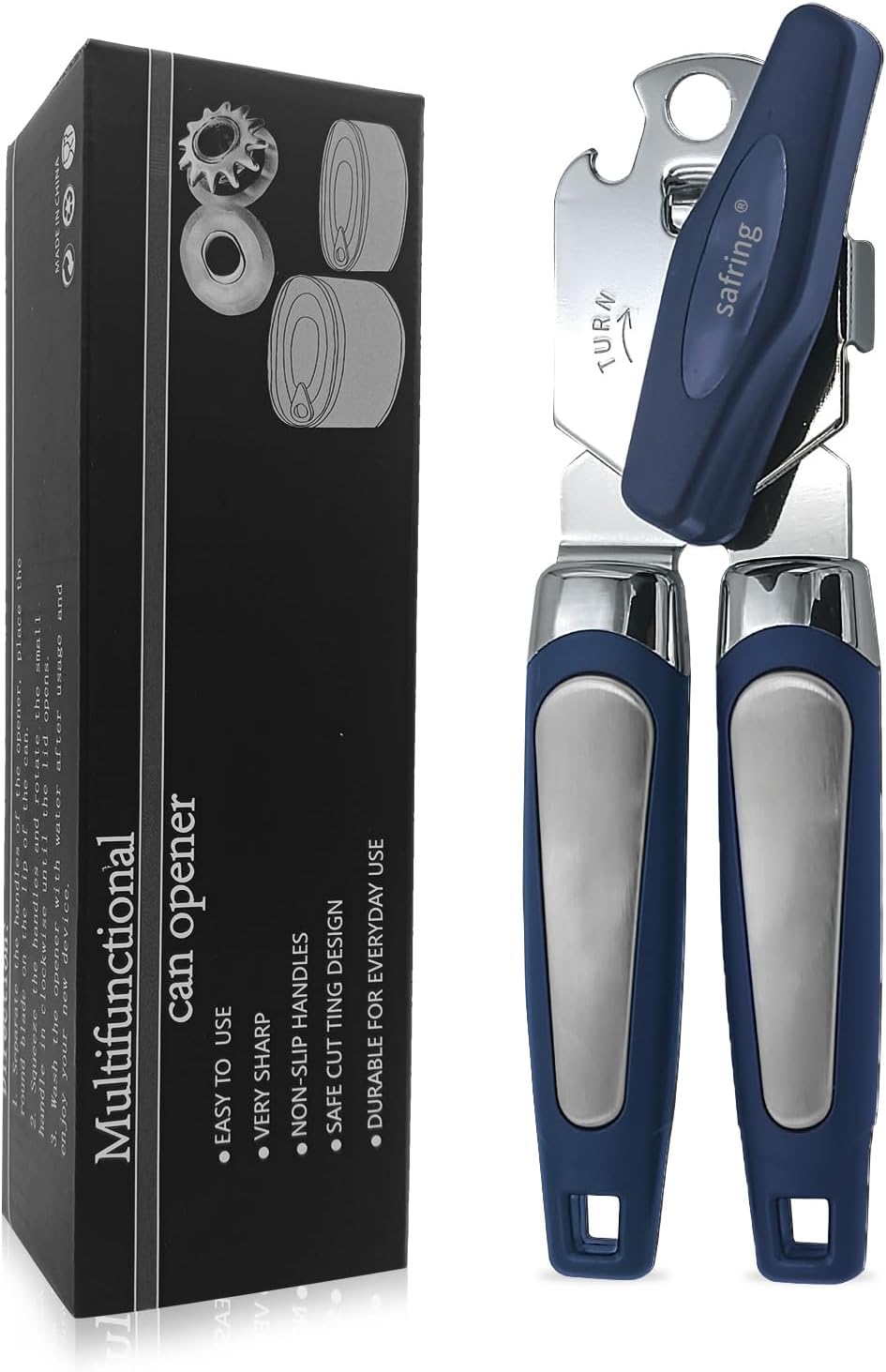 Can Opener Manual, Handheld Strong Heavy Duty Stainless Steel Can Opener, Comfortable Handle, Sharp Blade Smooth Edge, Can Openers with Multifunctional Bottle Opener
