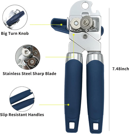 Can Opener Manual, Handheld Strong Heavy Duty Stainless Steel Can Opener, Comfortable Handle, Sharp Blade Smooth Edge, Can Openers with Multifunctional Bottle Opener
