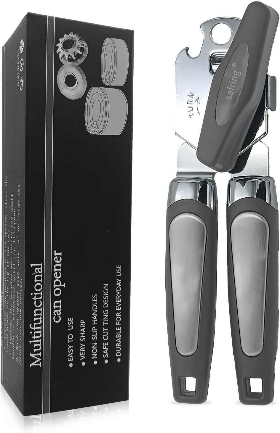 Can Opener Manual, Handheld Strong Heavy Duty Stainless Steel Can Opener, Comfortable Handle, Sharp Blade Smooth Edge, Can Openers with Multifunctional Bottle Opener