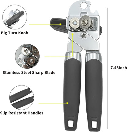 Can Opener Manual, Handheld Strong Heavy Duty Stainless Steel Can Opener, Comfortable Handle, Sharp Blade Smooth Edge, Can Openers with Multifunctional Bottle Opener