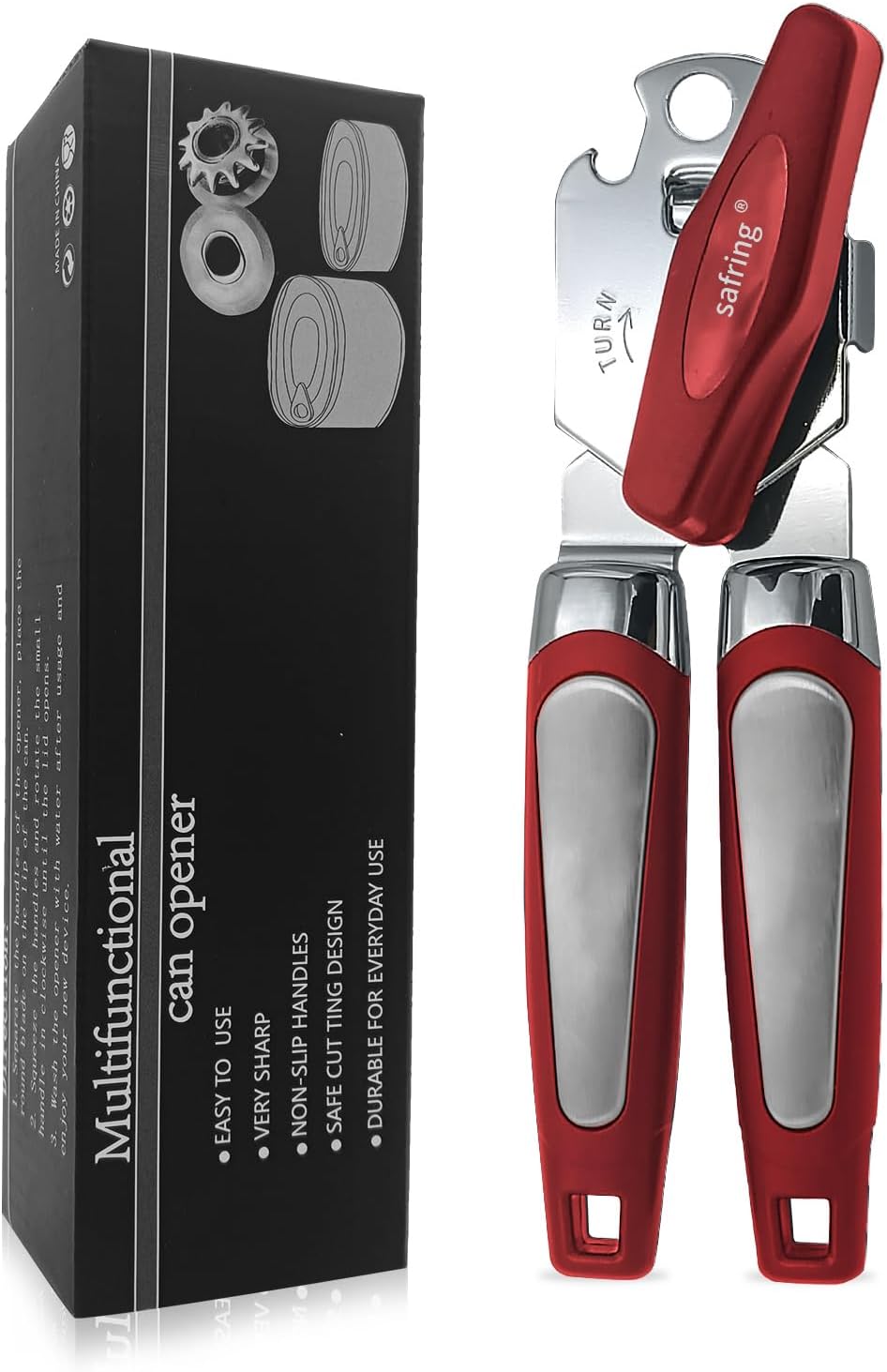 Can Opener Manual, Handheld Strong Heavy Duty Stainless Steel Can Opener, Comfortable Handle, Sharp Blade Smooth Edge, Can Openers with Multifunctional Bottle Opener