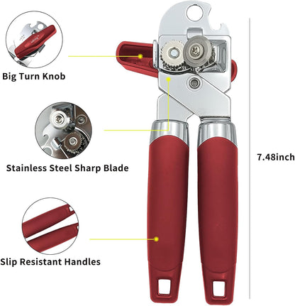 Can Opener Manual, Handheld Strong Heavy Duty Stainless Steel Can Opener, Comfortable Handle, Sharp Blade Smooth Edge, Can Openers with Multifunctional Bottle Opener