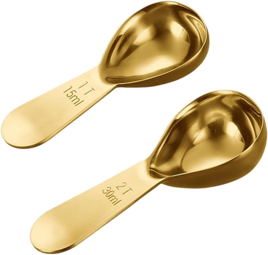 2 Pack Stainless Steel Coffee Scoops, 15ML & 30ML, Gold | Ergonomic Design Compact Short Handle Scooper, 1/2Tbsp Measuring Scoop for Coffee, Tea, Sugar, Protein Powder and Baking