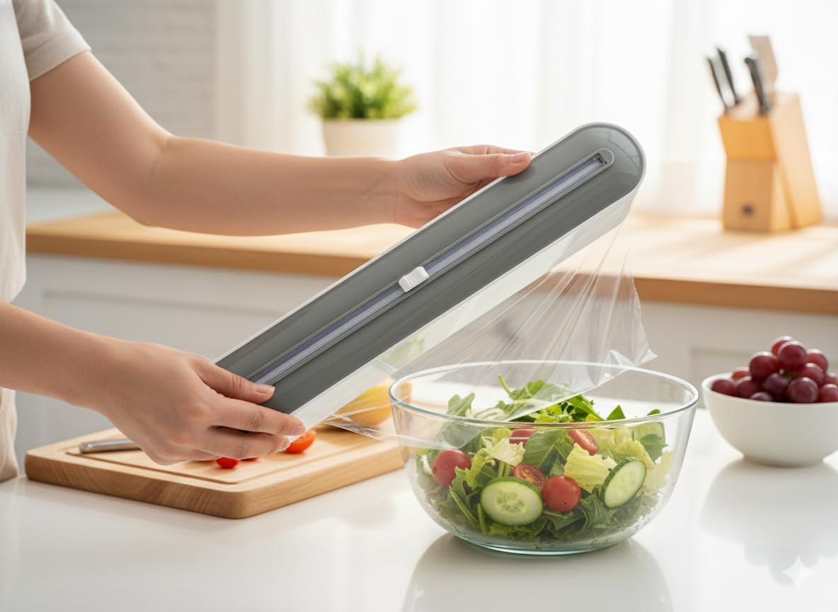 Plastic Wrap Dispenser with Cutter, Gray White ABS Material, Wall Mount or Countertop, 393mm x 63mm x 85mm, Universal Size Compatible with Plastic Wrap, Parchment Paper, Aluminum Foil