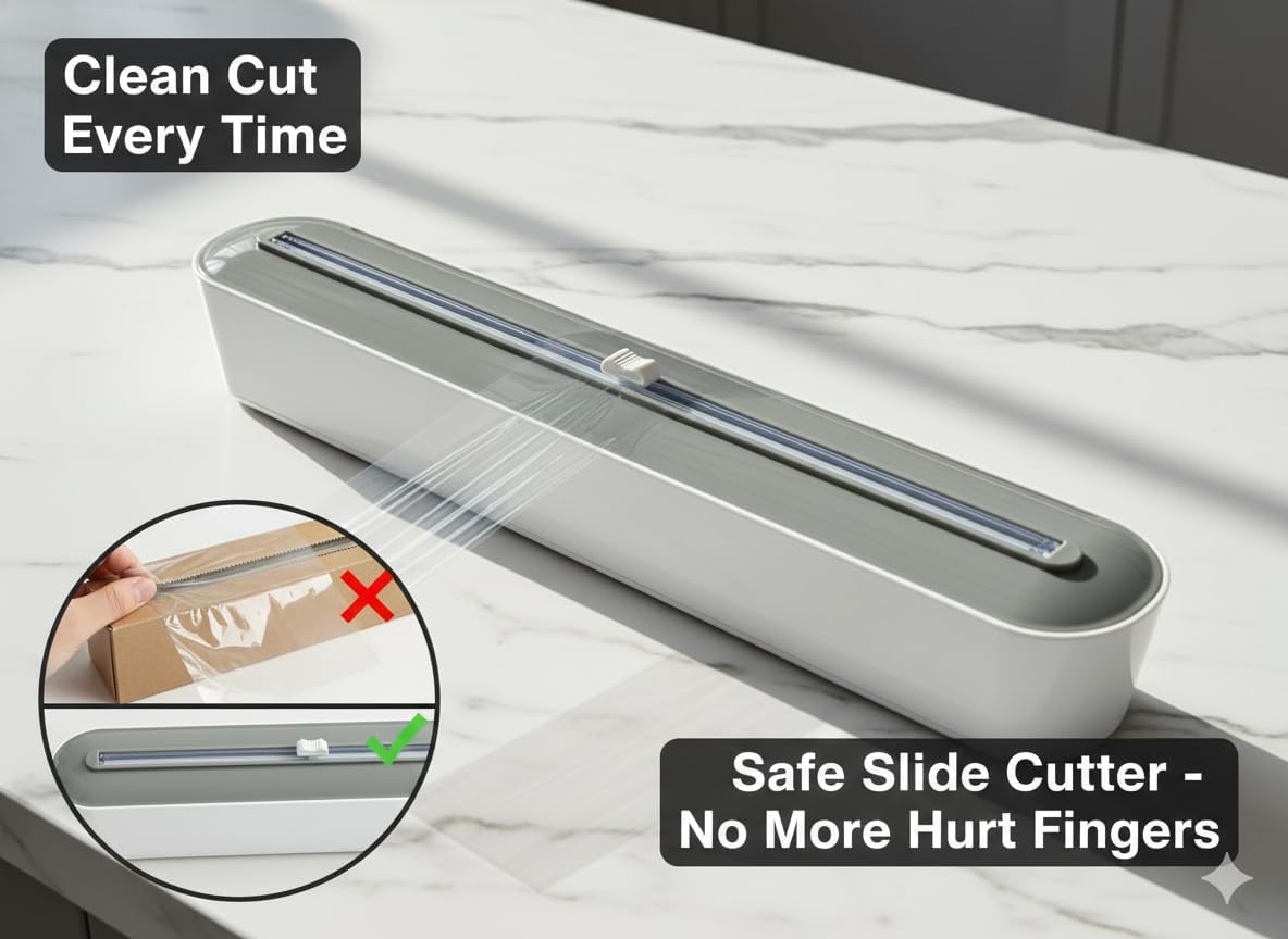 Plastic Wrap Dispenser with Cutter, Gray White ABS Material, Wall Mount or Countertop, 393mm x 63mm x 85mm, Universal Size Compatible with Plastic Wrap, Parchment Paper, Aluminum Foil