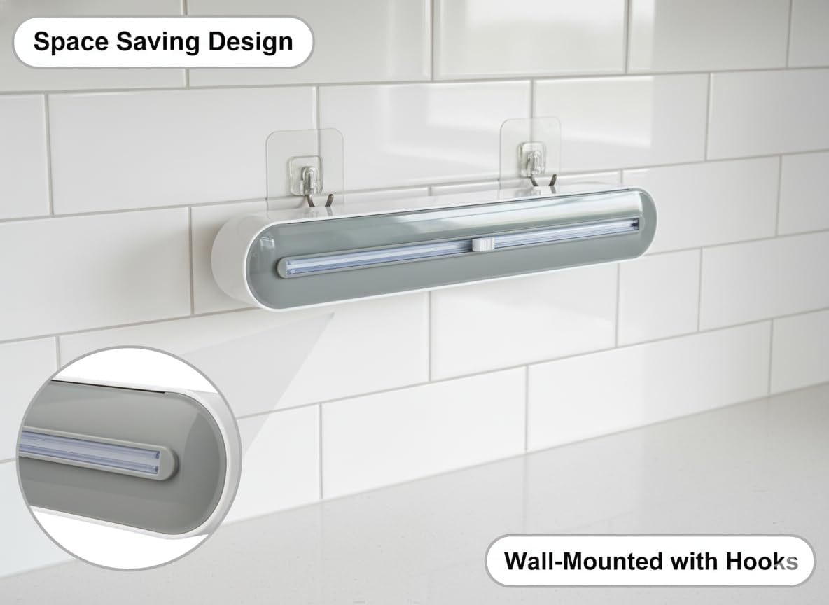 Plastic Wrap Dispenser with Cutter, Gray White ABS Material, Wall Mount or Countertop, 393mm x 63mm x 85mm, Universal Size Compatible with Plastic Wrap, Parchment Paper, Aluminum Foil