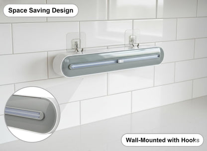 Plastic Wrap Dispenser with Cutter, Gray White ABS Material, Wall Mount or Countertop, 393mm x 63mm x 85mm, Universal Size Compatible with Plastic Wrap, Parchment Paper, Aluminum Foil