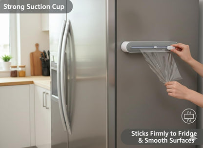 Plastic Wrap Dispenser with Cutter, Gray White ABS Material, Wall Mount or Countertop, 393mm x 63mm x 85mm, Universal Size Compatible with Plastic Wrap, Parchment Paper, Aluminum Foil
