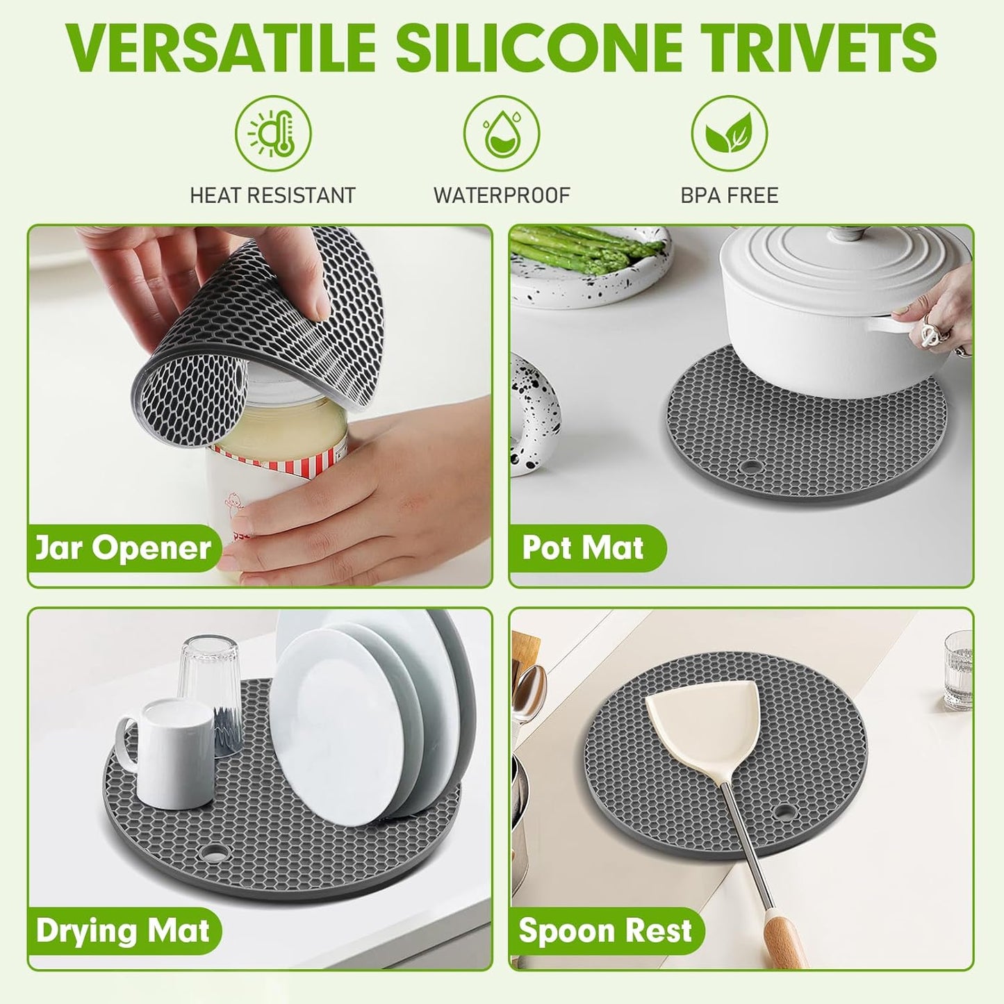 Silicone Trivets for Hot Dishes, Food-Grade Silicone, BPA Free 4PCS | It Can Be Placed on Kitchen Countertops, Dining Tables, or in Pots to Prevent Burns, and Is Dishwasher-Safe.