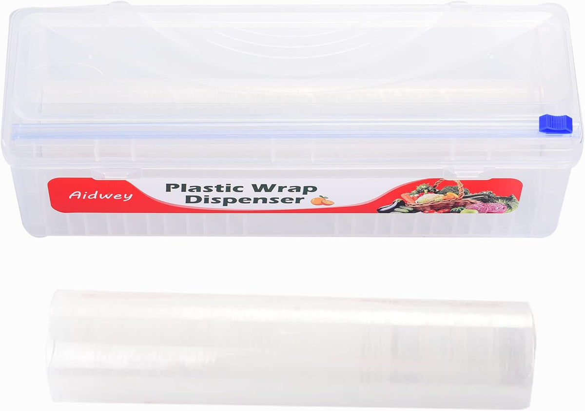 Plastic Wrap Dispenser with Cutter -Cling Wrap Dispenser with Slide Cutter for Food Film, Tin Foil, Aluminum Foil, Baking Paper (Plastic Wrap Dispenser + 12'' x 492' BPA Free Film)