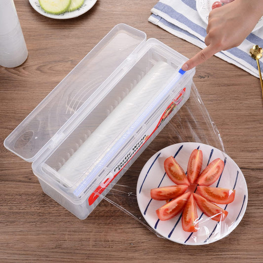 Plastic Wrap Dispenser with Cutter -Cling Wrap Dispenser with Slide Cutter for Food Film, Tin Foil, Aluminum Foil, Baking Paper (Plastic Wrap Dispenser + 12'' x 492' BPA Free Film)