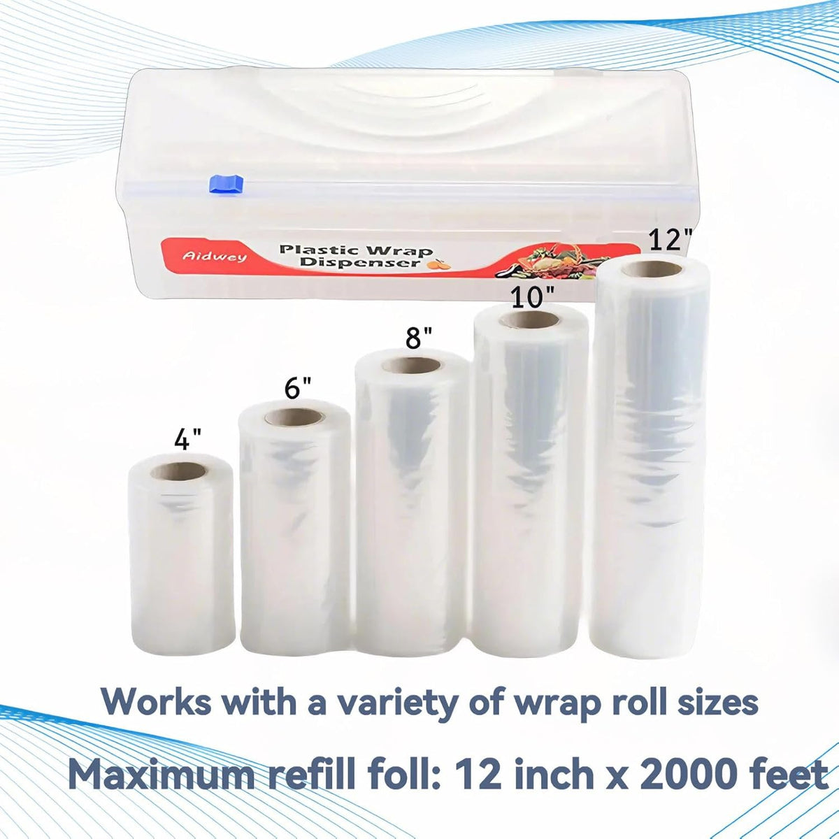 Plastic Wrap Dispenser with Cutter -Cling Wrap Dispenser with Slide Cutter for Food Film, Tin Foil, Aluminum Foil, Baking Paper (Plastic Wrap Dispenser + 12'' x 492' BPA Free Film)