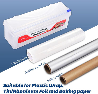 Plastic Wrap Dispenser with Cutter -Cling Wrap Dispenser with Slide Cutter for Food Film, Tin Foil, Aluminum Foil, Baking Paper (Plastic Wrap Dispenser + 12'' x 492' BPA Free Film)