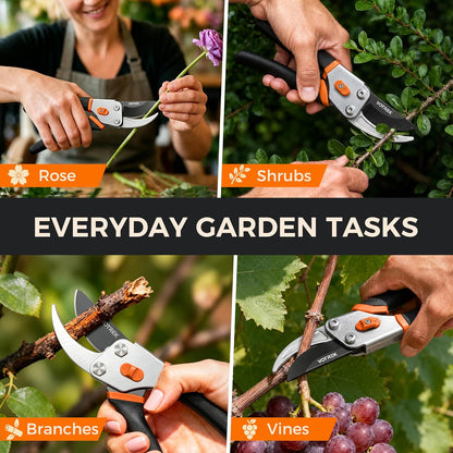 VOTREK® 8.5" Bypass Pruning Shears, Jam-Proof Spring Clippers for branches | Sharp & Anti-Rust SK5 Blade, Ergonomic Non-Slip Grip for Weak Hands, Garden Pruner for Rose, Bonsai, Heavy Duty Tree Trimming