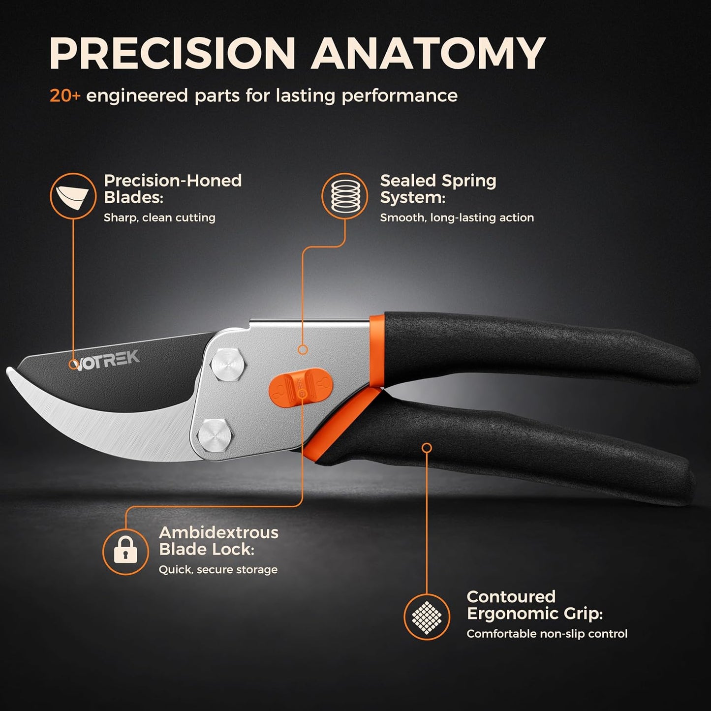 VOTREK® 8.5" Bypass Pruning Shears, Jam-Proof Spring Clippers for branches | Sharp & Anti-Rust SK5 Blade, Ergonomic Non-Slip Grip for Weak Hands, Garden Pruner for Rose, Bonsai, Heavy Duty Tree Trimming