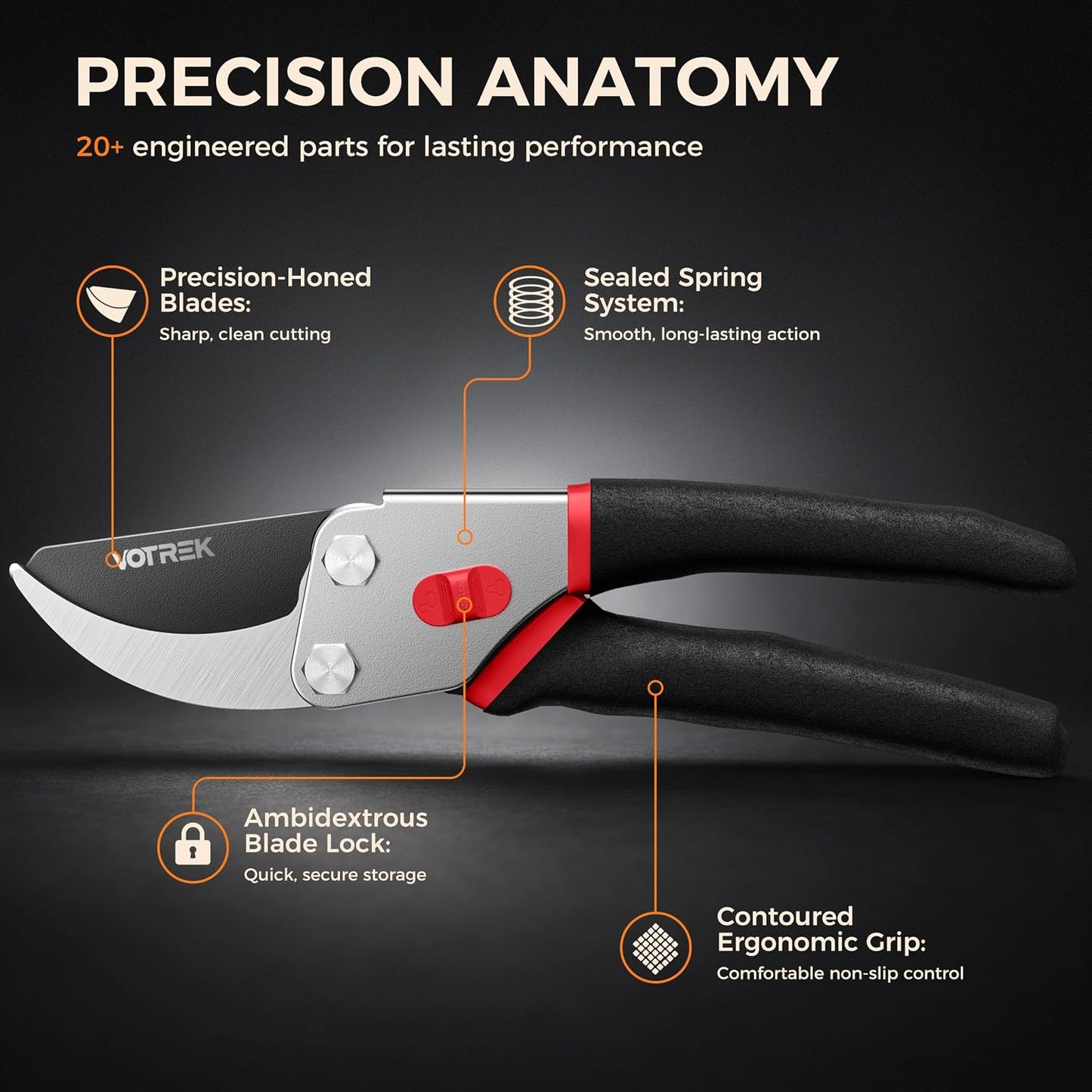 VOTREK® 8.5" Bypass Pruning Shears, Jam-Proof Spring Clippers for branches | Sharp & Anti-Rust SK5 Blade, Ergonomic Non-Slip Grip for Weak Hands, Garden Pruner for Rose, Bonsai, Heavy Duty Tree Trimming