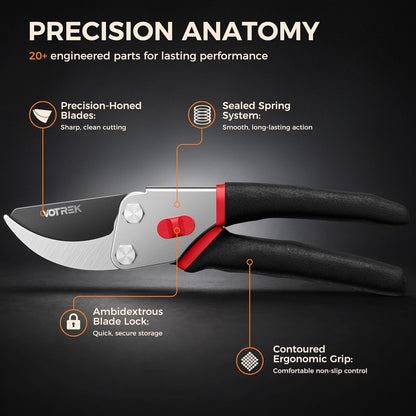 VOTREK® 8.5" Bypass Pruning Shears, Jam-Proof Spring Clippers for branches | Sharp & Anti-Rust SK5 Blade, Ergonomic Non-Slip Grip for Weak Hands, Garden Pruner for Rose, Bonsai, Heavy Duty Tree Trimming