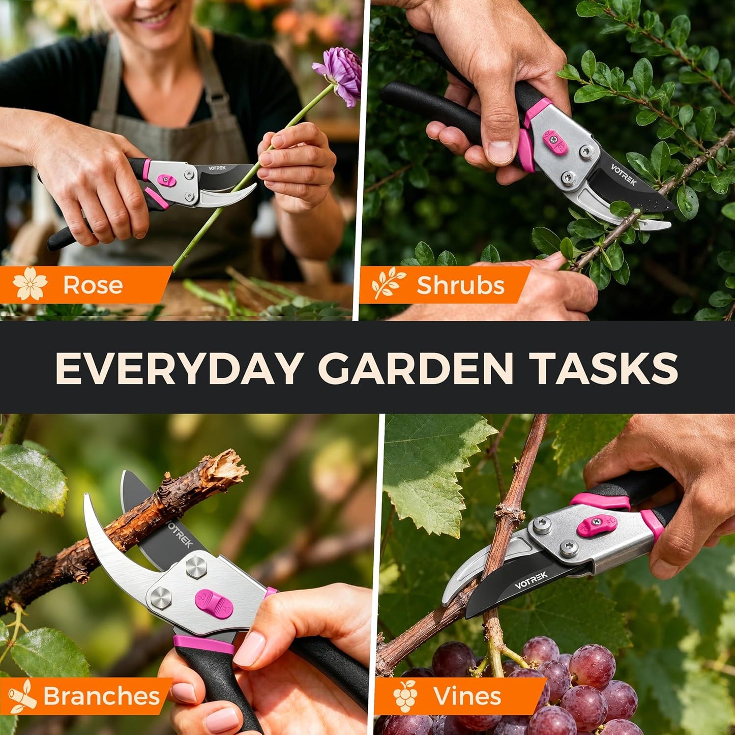VOTREK® 8.5" Bypass Pruning Shears, Jam-Proof Spring Clippers for branches | Sharp & Anti-Rust SK5 Blade, Ergonomic Non-Slip Grip for Weak Hands, Garden Pruner for Rose, Bonsai, Heavy Duty Tree Trimming