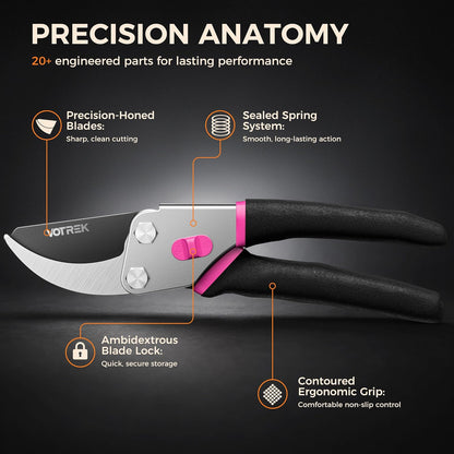 VOTREK® 8.5" Bypass Pruning Shears, Jam-Proof Spring Clippers for branches | Sharp & Anti-Rust SK5 Blade, Ergonomic Non-Slip Grip for Weak Hands, Garden Pruner for Rose, Bonsai, Heavy Duty Tree Trimming